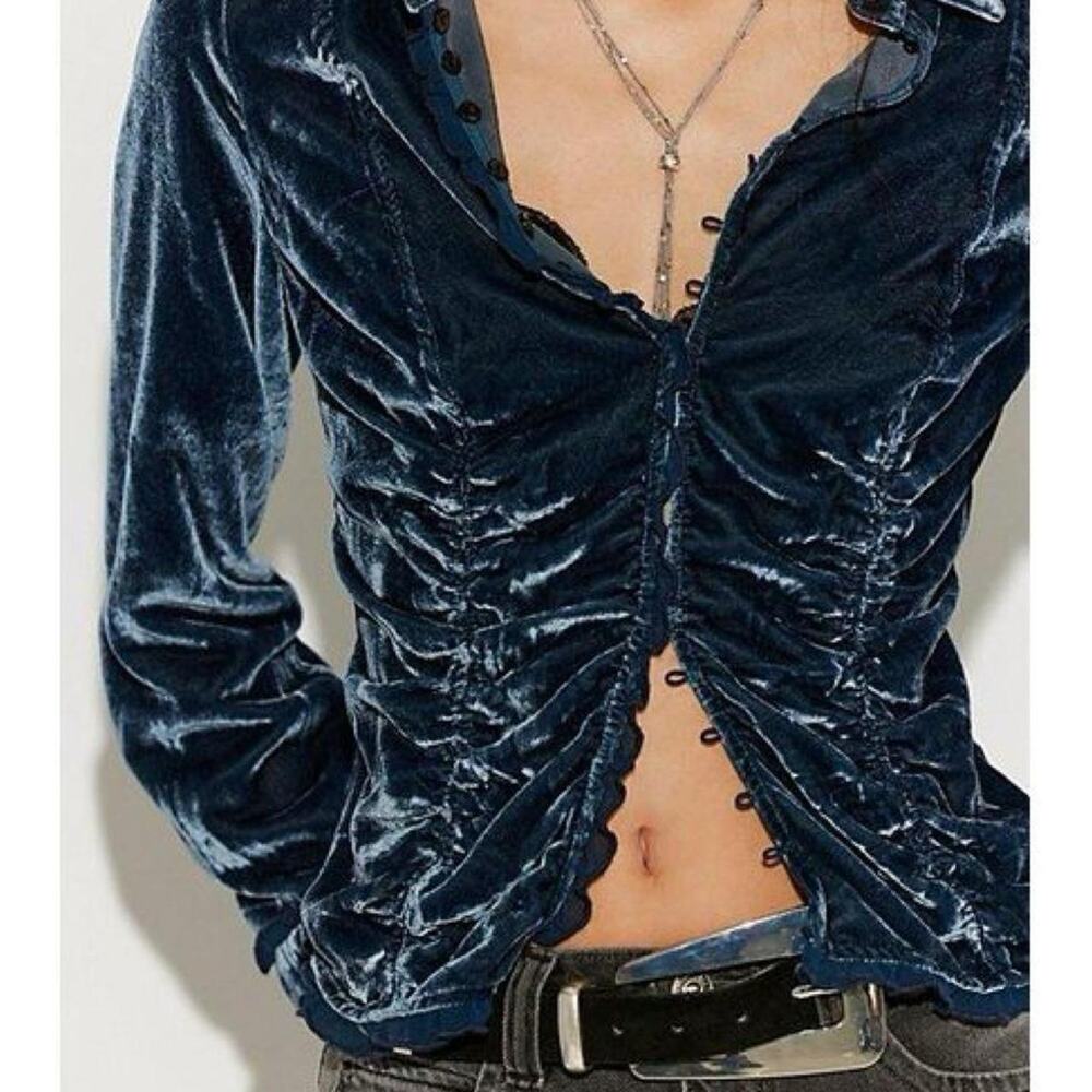 Navy blue velvet button up